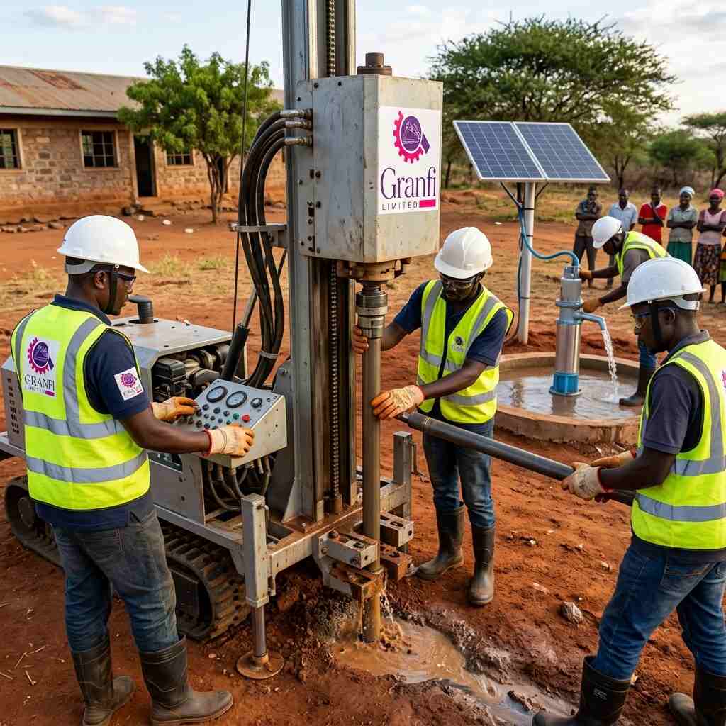 Gran100 drilling rig with solar panels near a school