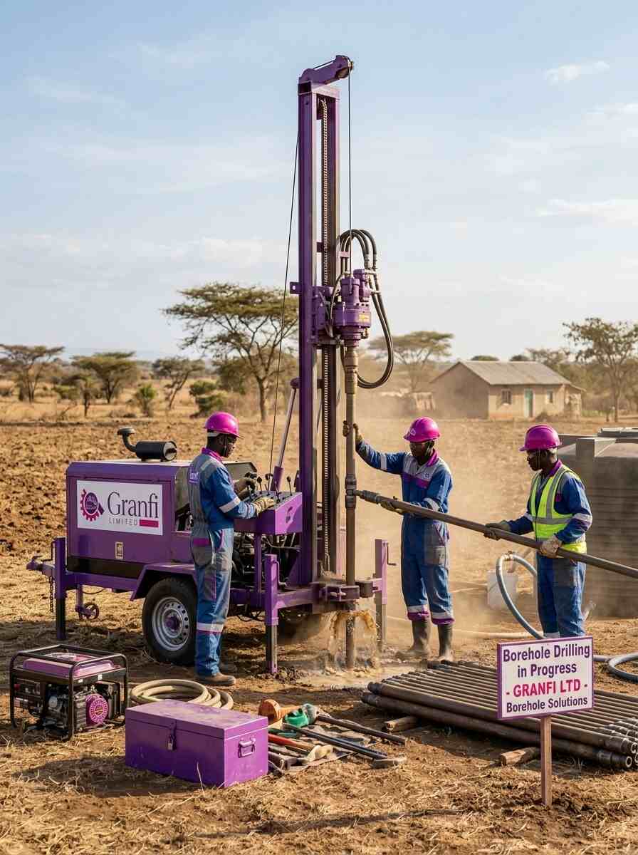 Borehole drilling in progress with Gran100 signboard